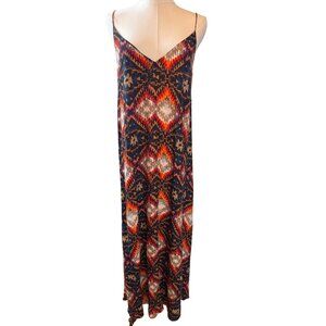 Zara Large Bohemian Beach Maxi Dress Deep V-Neck Aztec Print Tie-Back Sleeveless